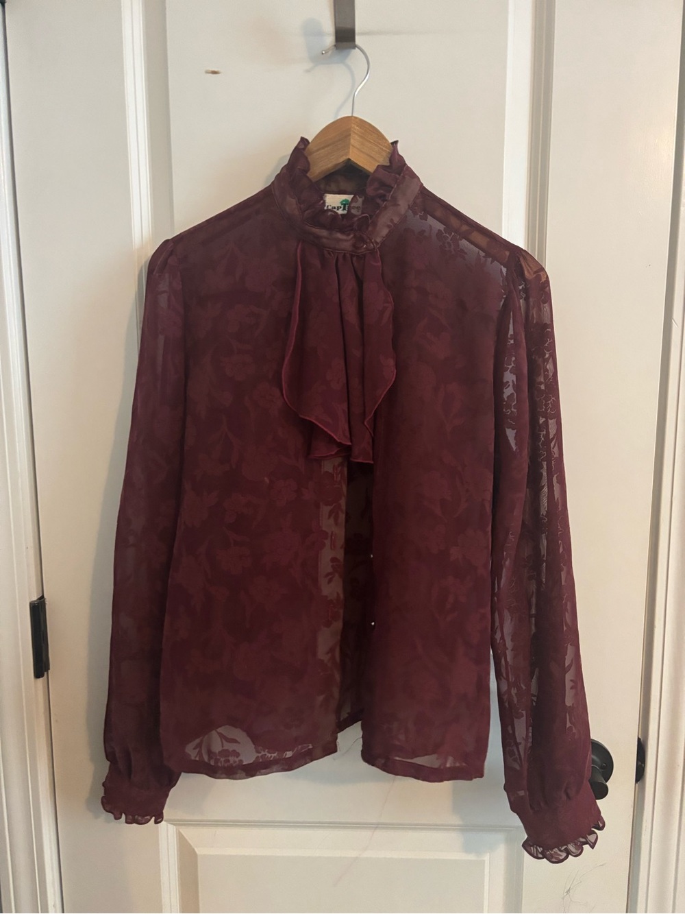 Vintage Sheer Ruffle Neck Tie Blouse - Burgundy